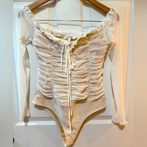 Cream Off-Shoulder Bodysuit Sheer Sleeves Bow Corset Renaissance Milkmaid